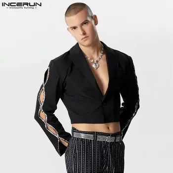  INCERUN Erkekler Blazer Patchwork Parlak Yaka Uzun Kollu Rahat Takım Elbise Erkekler Streetwear 2023 Oymak Bir Düğme Moda Kırpma Mont