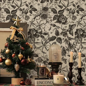  Noel Fransız Romantizm PVC Duvar Kağıdı Şenlikli Siyah Dokulu Kendinden Yapışkanlı Duvar Kağıdı Kabuğu Ve Sopa Mobilya Duvar Yenileme