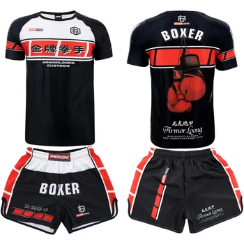  Boks Şort Rashguard Jiujitsu Hızlı Kuru Muay Thai Şort MMA T Shirt Nefes erkek Spor Spor Eğitimi Kickboks Pantolon