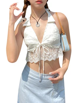  Kadın Y2k Ön Kravat Kırpma Üstleri Halter Boyun Backless Bandaj Açık Ön Tank Top Yaz Slim Fit Yelek Plaj Streetwear