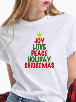  Noel Kardan Adam Noel Baba Kadın Moda Baskı Rahat Kadın T-Shirt Harajuku Streetwear T Gömlek Beyaz Kısa Kollu Tees Tops