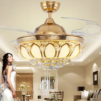  Lüks tavan vantilatörü ışıkları yemek Odası için Krom Altın Kristal avize fan uzaktan kumanda ile ışık karartma