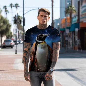  Yaz yeni erkek tişört moda penguen 3D baskılı erkek tişört rahat tarzı erkek tişört trend moda erkek tişört