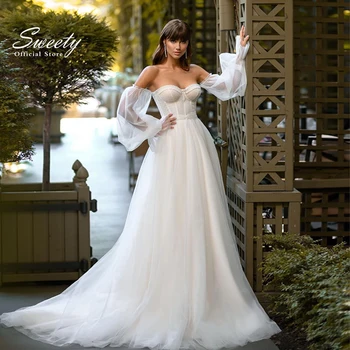  Sadelik düğün elbisesi Organze Nakış A-Line Balo Straplez Ayrılabilir Puf Kollu Lace Up Vestido De Novia