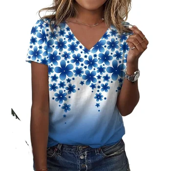  Kadın Soyut Çiçek Boyama T-Shirt Grafik Baskı V Boyun Temel Yaz Rahat Gevşek Üst Moda 3d Baskı Artı Boyutu