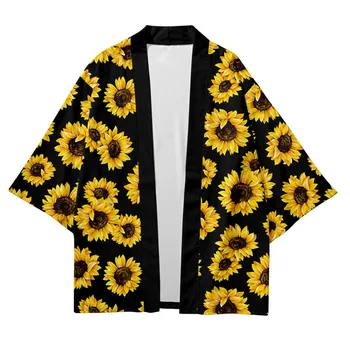  Erkek Hawaii Ayçiçeği Baskı Kimono Hırka Japon Erkek Gömlek Bluz Yukata Haori Obi Geleneksel Samuray Giyim
