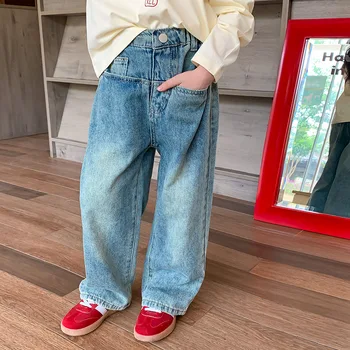 Sonbahar çocuk cep geniş bacak pantolon erkek vintage denim Pantolon kız rahat düz kot
