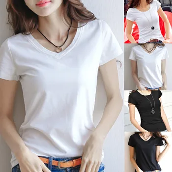  Yeni Düz renk tişört V Yaka Üstleri Yaz kadın Kısa Kollu Siyah Beyaz T Shirt Yuvarlak Boyun Rahat Tee Gömlek