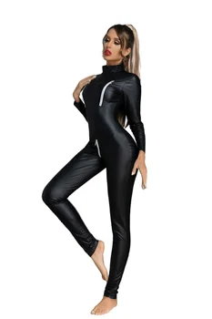  Siyah fermuar seksi kadın Faux deri Bodysuit PVC Catsuit erotik ıslak bak seksi kulübü tulum dans giyim erotik lateks Catsuit
