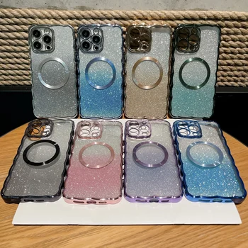  Glitter Kağıt Degrade Renkli Yumuşak TPU Kılıf iPhone 15 14 13 12 11 Pro Max Magsafe Manyetik Kablosuz Şarj Temizle Kapak