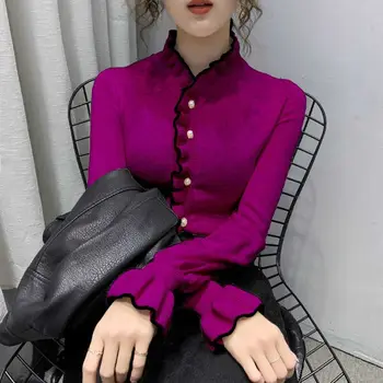  2023 Sonbahar ve Kış Yeni Moda Banliyö kadın Giyim Ekleme Düğmesi Yarım Yüksek Yaka Uzun Kollu Düz Renk Kazak
