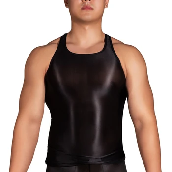  Erkek Scoop Boyun Kollu Sıkı Kırpma Üst Erkek Giyim Parlak Ultra İnce Yüksek Streç Tank Top Egzersiz Vücut Geliştirme Mayo