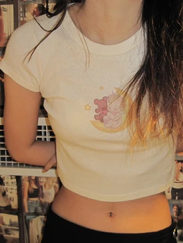  Ay Melek Baskı Bej Kırpma Üst Kadınlar 2023 Yaz Tatlı Yuvarlak Boyun İnce kısa kollu tişörtler Vintage Sevimli Pamuk Bebek Tees Y2k