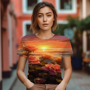  Yeni bayan Büyük Boy T-shirt Satıyor 3D Çiçek Baskı Desen T-shirt, Hawaii plaj parti tişörtü Sokak Rahat Üst