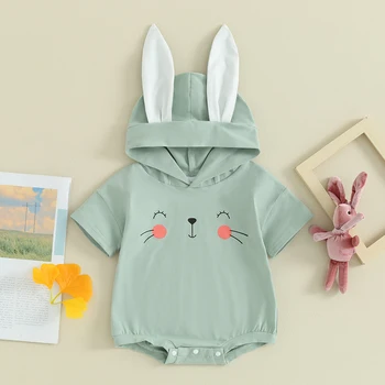  Bebek Erkek Bebek Kız Paskalya Romper Havuç Baskı Tavşan Kulaklar Kapşonlu Tulum Kısa Kollu Kazak Tavşan T-Shirt Bodysuit