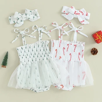  Sevimli Yenidoğan Bebek Kız Noel Tulum Kafa Bandı Elbise Kolsuz Bandaj Pamuk Noel Ağacı Baskı Tulumlar Tül Etekler
