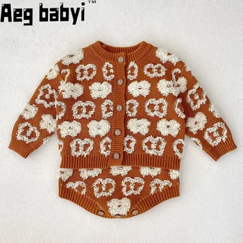  Bebek Bebek Kız Örgü giyim setleri Uzun Kollu Çiçek Hırka Ceket + Tulum Bahar Sonbahar Toddler Kız Elbise Takım Elbise