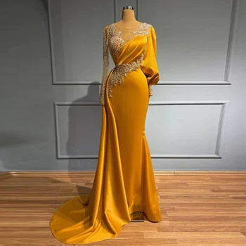  Altın kadın Abiye Lüks Dantel Aplike Boncuk Dize Mermaid Saten Pilili Prenses Balo Abiye 2023 Uzun kollu Elbise