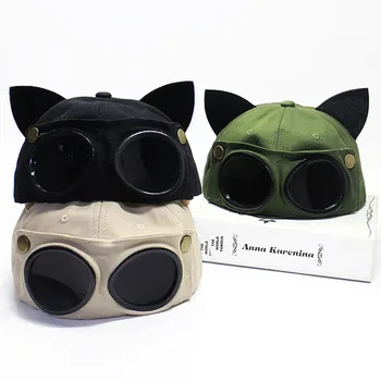  2022 Erkek ve kadın Açık Güneş Gözlüğü beyzbol şapkası Kedi Kulakları ile UV Koruma Güneşlik Kap Pilot Gözlük Şapka güneş şapkası