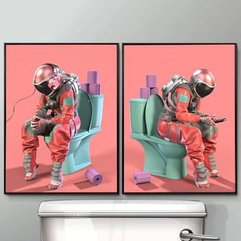  Komik Astronot Tuvalet Tuval Boyama Duvar Sanatı Posterler Ve Baskılar Duvar Resimleri Tuvalet Banyo ev duvar dekoru Cuadros