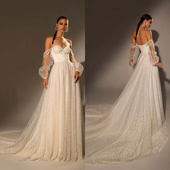  Moda Tül A-Line düğün elbisesi Sevgiliye Yeni Kar Tanesi Boncuk Uzun Kollu Fırça Tren gelinlikler Robe De Mariage Vestido