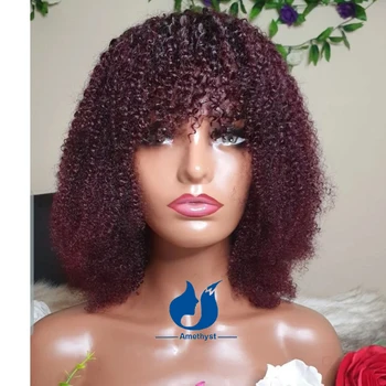  Ametist Bordo Kırmızı Ombre Derisi Üst Tam makine insan saçı peruk Patlama İle Kadınlar İçin Brezilyalı Remy Afro Kinky Kıvırcık 99J Bob