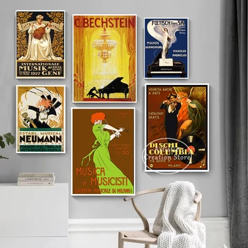  Retro Müzik Posteri Tiyatro Sahne Piyano Keman Vintage Reklam Gösterisi Tuval Boyama Duvar Resimleri Oturma Odası Sanat Ev Dekor