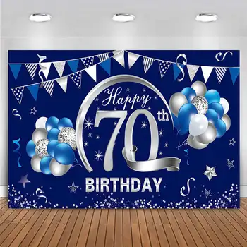 Özel Mutlu 70th Doğum Günü Partisi Dekor Zemin Afiş Yetmiş 70 Yaşında Mavi ve Gümüş Fotoğraf Arka Plan Erkekler Kadınlar için
