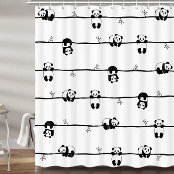  Sevimli Panda Duş banyo perdeleri, Komik Siyah ve Beyaz Hayvanlar Bambu Çocuk Kumaş banyo perdesi, erkek Kız Ev Dekor
