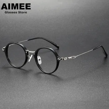  Japon Tasarımcı Retro Yuvarlak Asetat Gözlük Çerçevesi Erkekler Titanyum Reçete Gözlük Trend Kadın Miyopi Gözlük Optik Lens