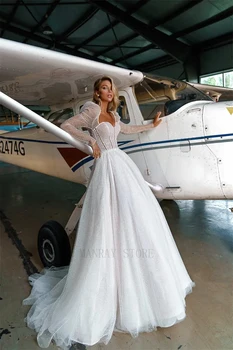  MANRAY Glitter Sparky Prenses Gelinlik Uzun Kollu Sevgiliye Boncuklu Düğmeler Bir Çizgi Vestido de Noiva Örgün gelin kıyafeti