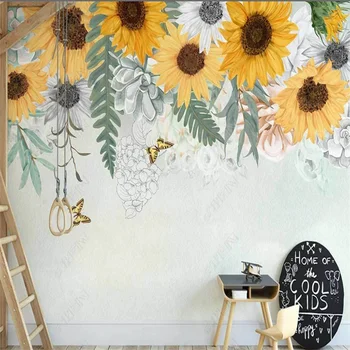  Iskandinav Ins El-boyalı duvar kağıdı Pastoral Tarzı Duvar Kağıdı Ayçiçeği Çiçeklenme Duvar Kağıtları Oturma Odası için
