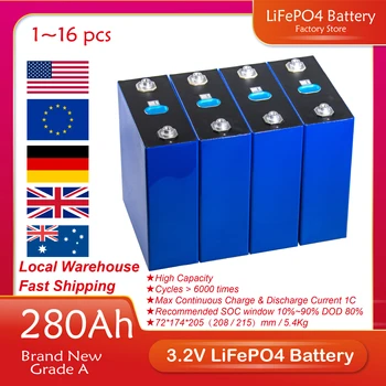  Pil LiFePO4 280AH 3.2 V Prizmatik Şarj Edilebilir Piller Güneş Enerjisi Depolama İçin 12V 24V 48V Paketi Güç Duvar