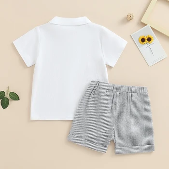  Erkek bebek Yaz Pamuk Keten Giysiler Kısa Kollu Düğme Aşağı Gömlek Elastik Bel Şerit Baskı Şort 2 Adet Kıyafet