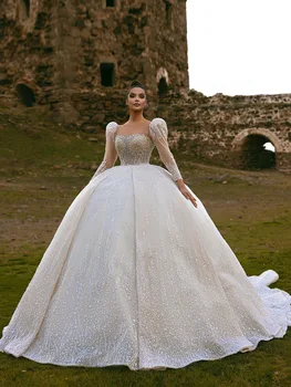  Suudi Arapça Dubai Gelinlik Şampanya Kare Yaka balo elbisesi Custom Made Boncuk Payetli Kristal Vestido de novia