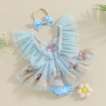  Bebek Kız Dantel Romper Boho Elbise Çiçek Nakış Tül Fırfır Bodysuit Yenidoğan Fotoğraf Kıyafet