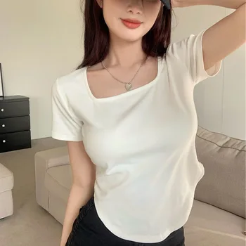  Kadın Rahat kısa kollu tişört 2023 Yaz Moda Streetwear Düz Renk Tees Kare Yaka Kadın Beyaz İnce Kazaklar Tops